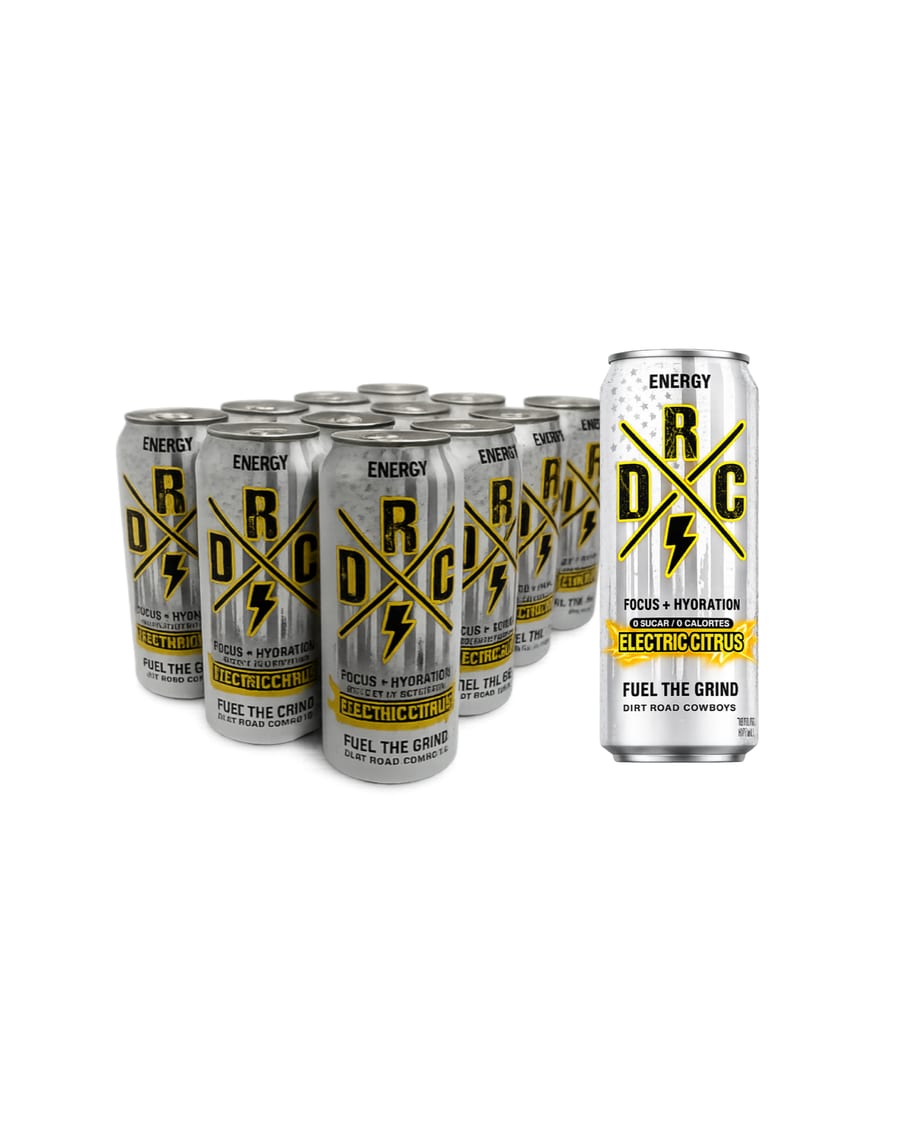 Electric Citrus 12-pack and single white can with a yellow DRC mark