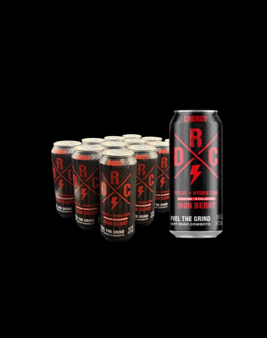 Iron Berry 12-pack and single black can with a red DRC mark