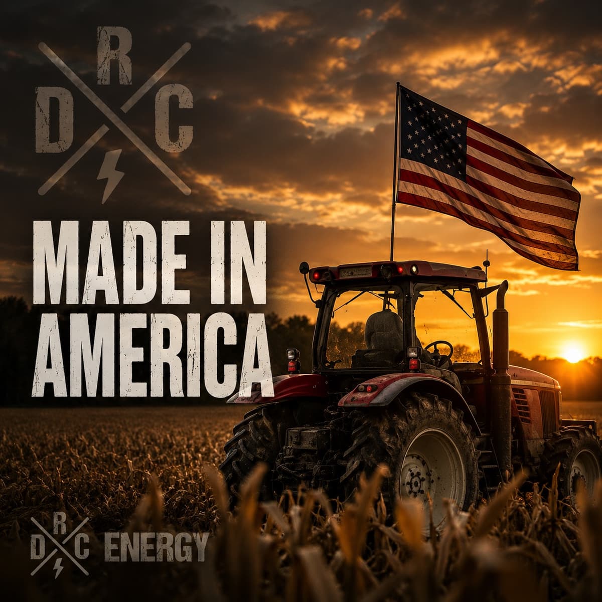 Tractor with an American flag at sunset under the words Made in America