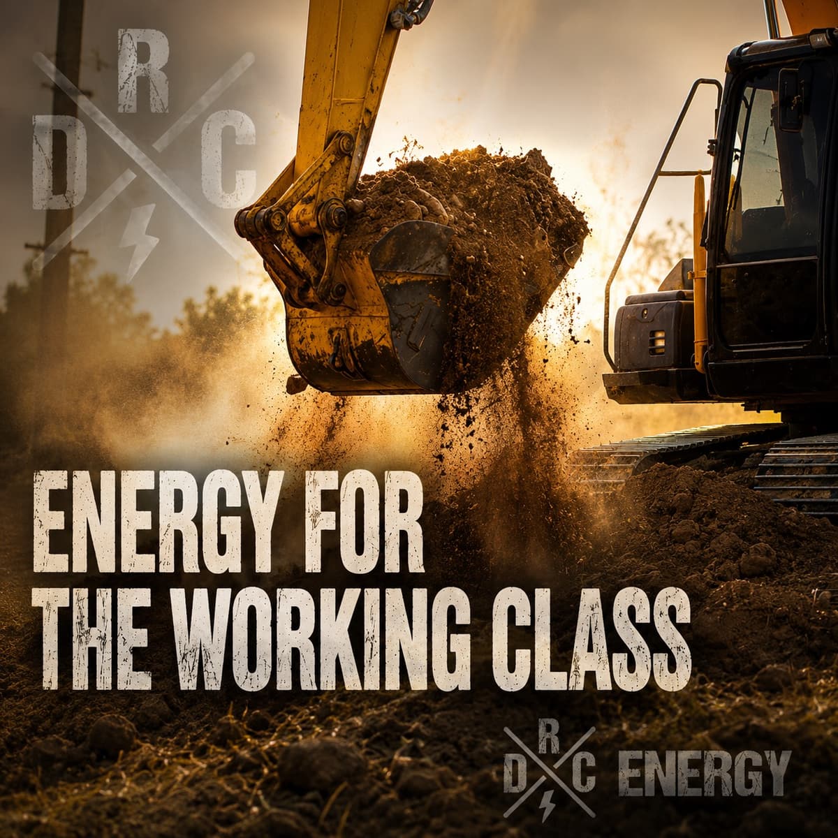 Excavator bucket dumping dirt in the sun under the words Energy for the Working Class